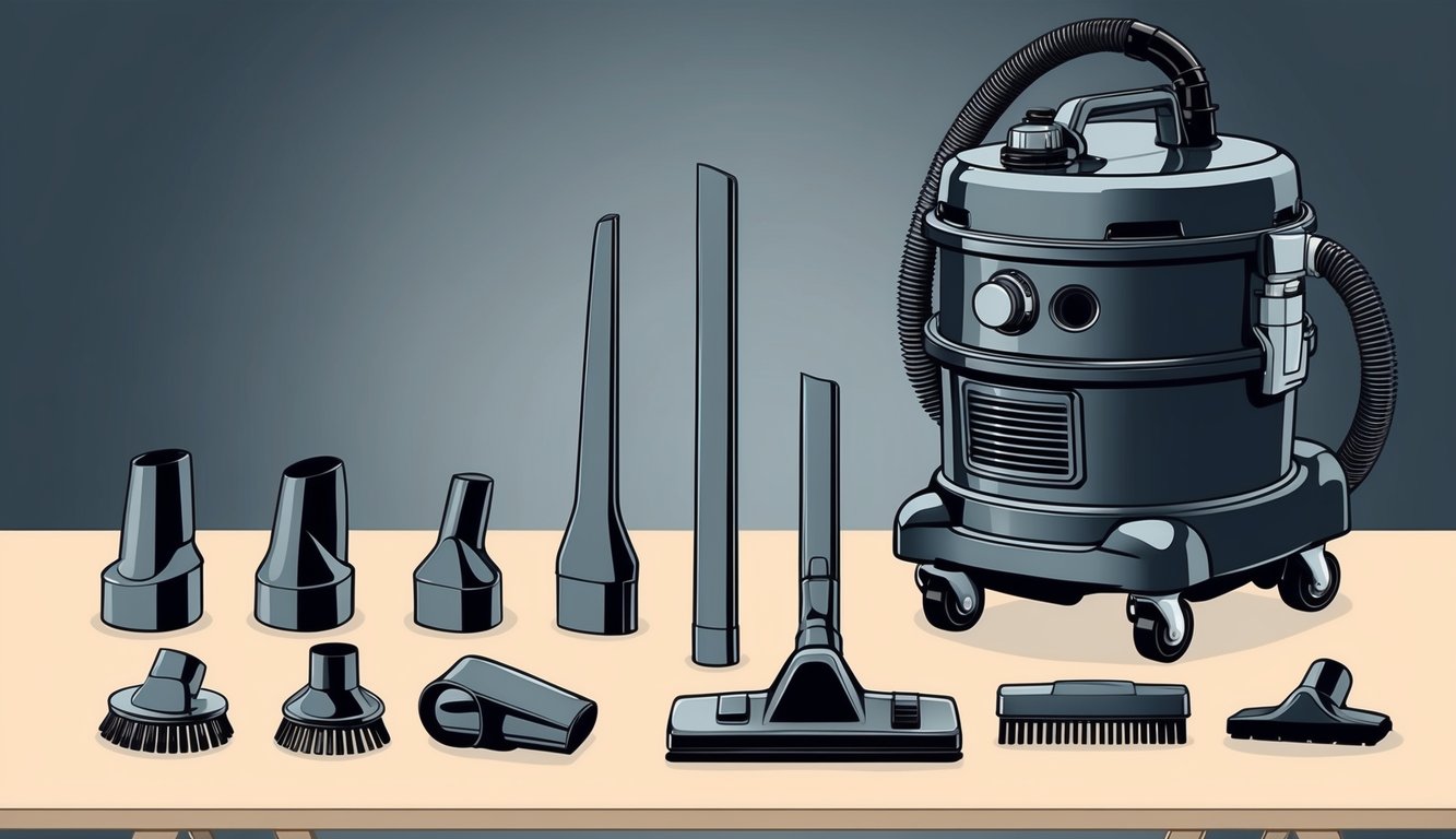 Une variété d'accessoires disposés sur une table, y compris des buses, des brosses et des rallonges, avec un aspirateur au style industriel robuste en arrière-plan.