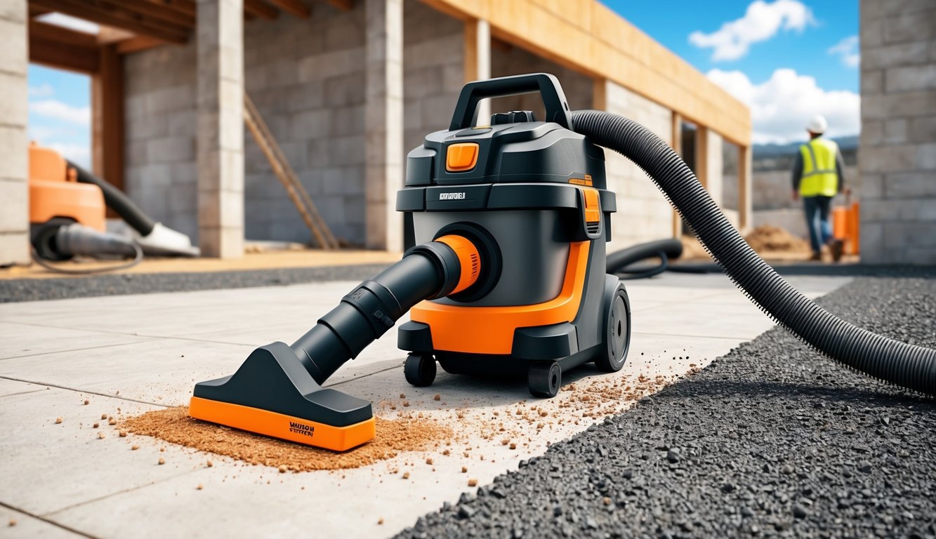 Un aspirateur robuste en cours de test sur diverses surfaces d'un chantier de construction