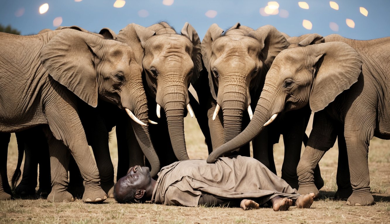 Elephants gather around a deceased member of their herd, touching and caressing the body with their trunks, while emitting low, mournful sounds