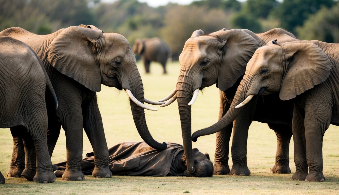 A family of elephants surrounds a fallen member, touching trunks and emitting low, mournful sounds in a somber and emotional display of grief