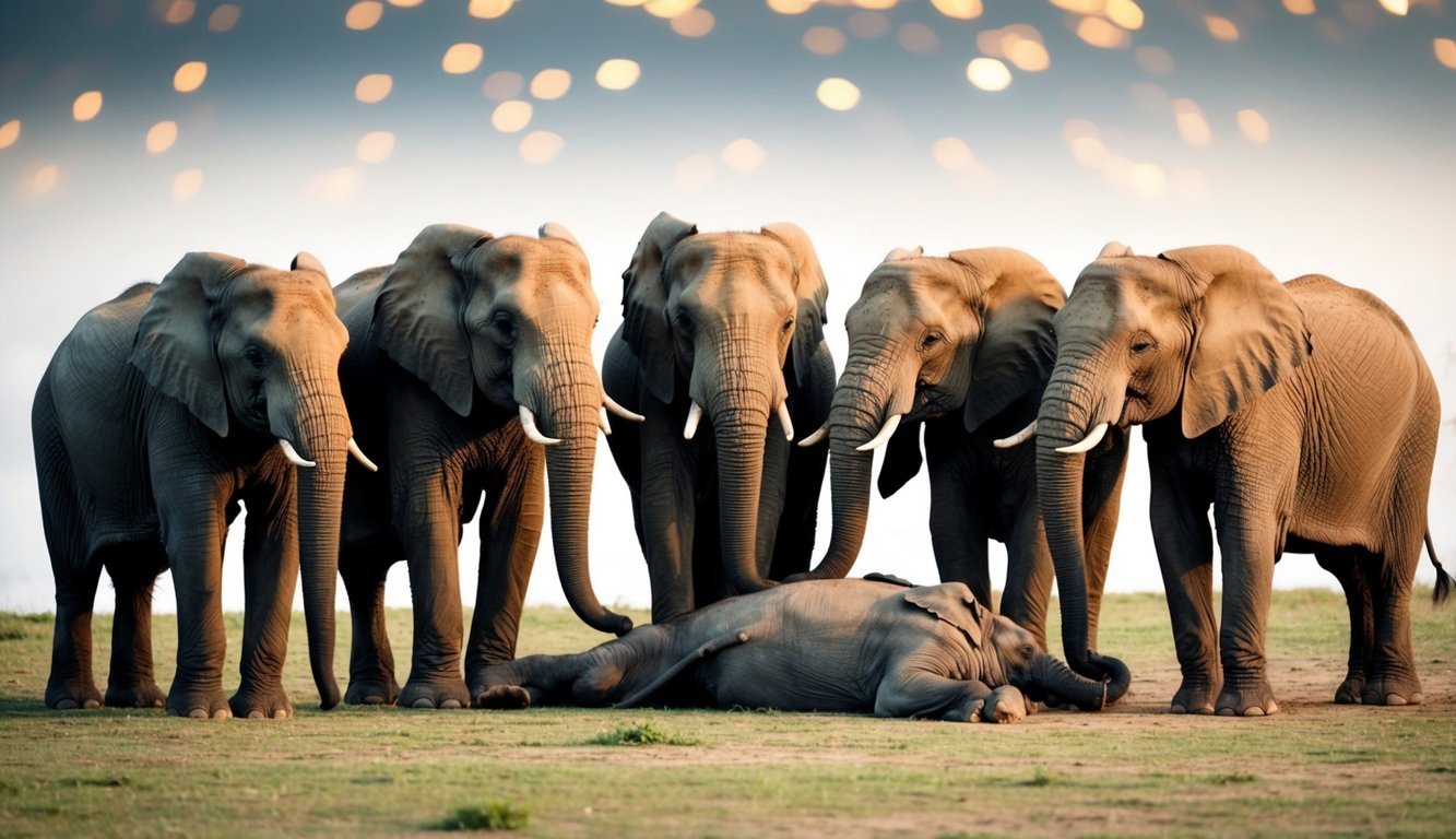 A family of elephants stands solemnly around the lifeless body of a fallen member, their trunks gently touching the body in a display of mourning and reverence