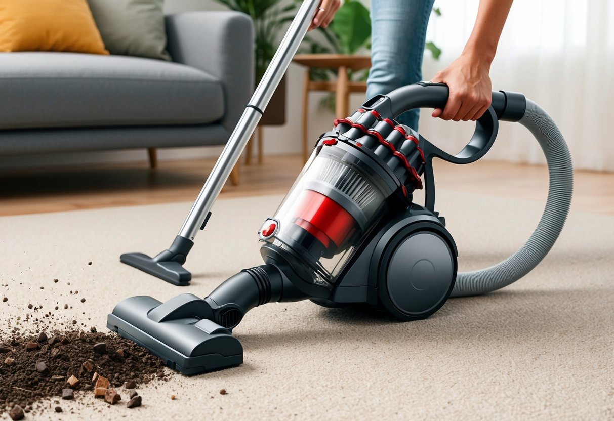 Un puissant aspirateur sans sac de 1000w en action, aspirant la saleté et les débris d'un sol recouvert de moquette.