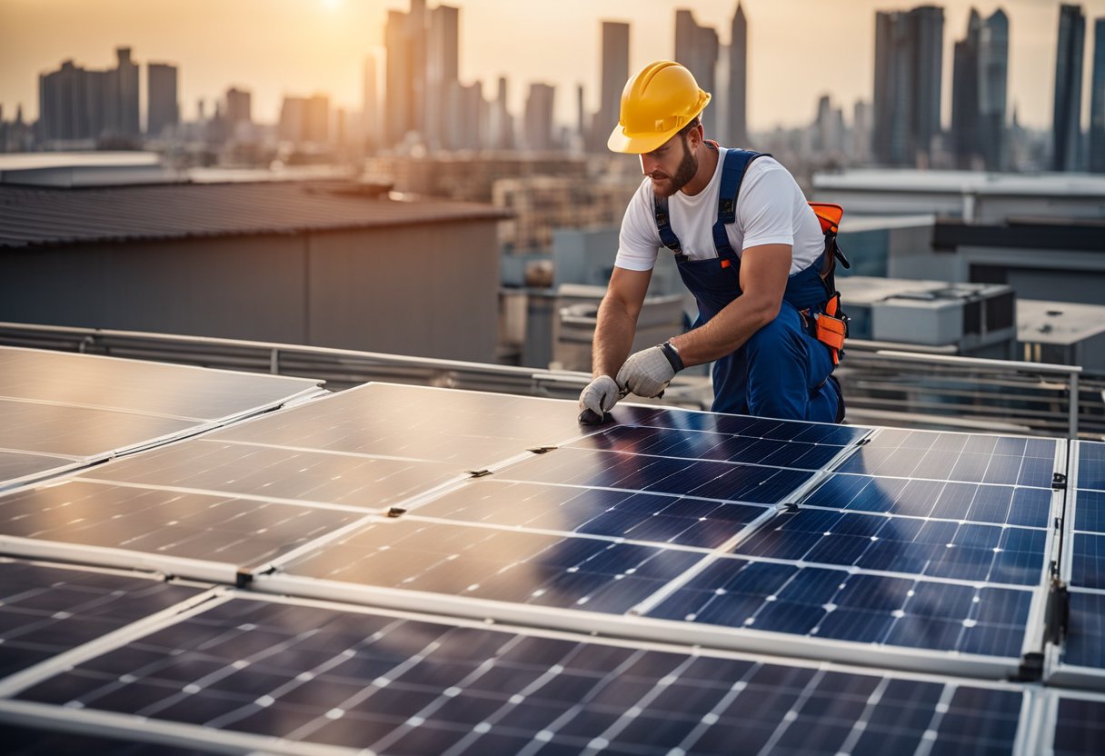 A technician installs solar panels on a rooftop, connecting them to a control unit and battery storage system