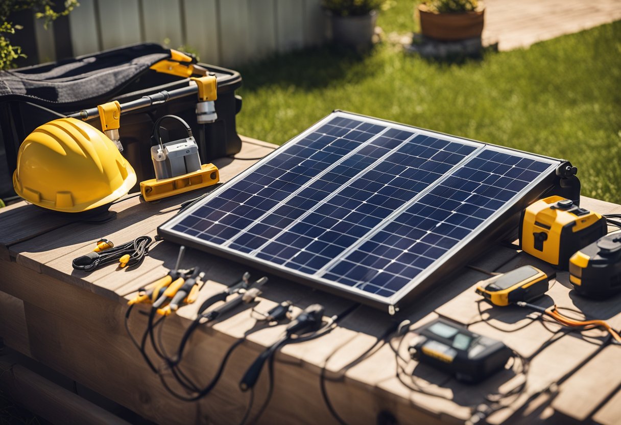 A sunny backyard with tools, solar panels, batteries, and wires arranged for a DIY solar power project
