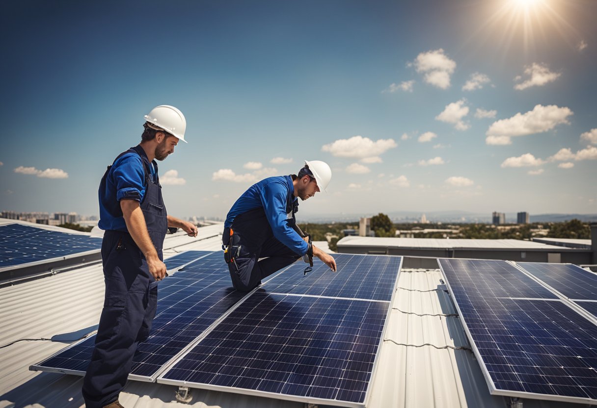 A technician installs solar panels on a rooftop. Another technician checks the wiring and connections of the solar power system