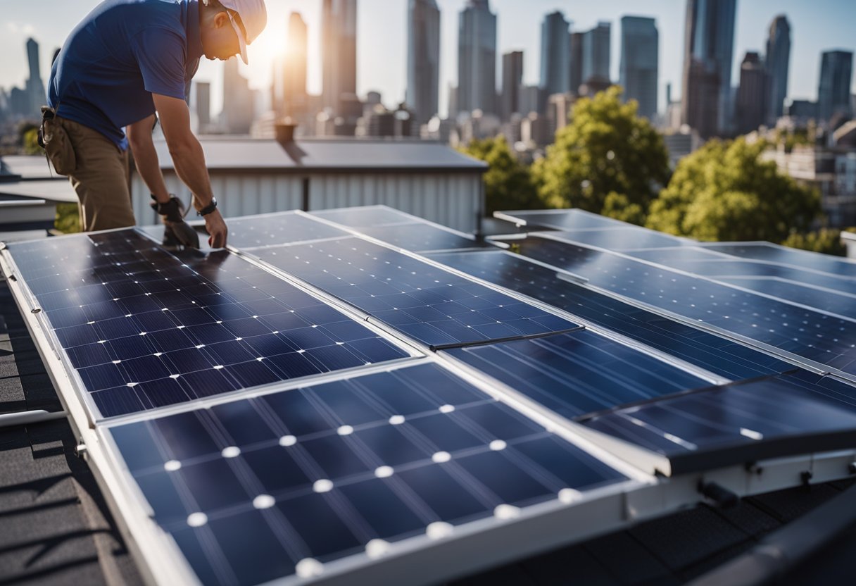A person setting up solar panels on a rooftop