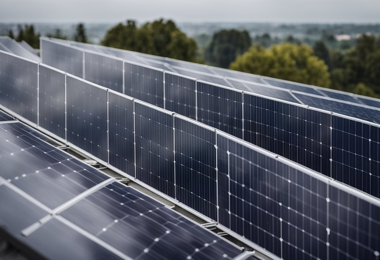 A solar panel sits on a rooftop, surrounded by grey clouds. Despite the overcast sky, the panel continues to absorb and convert sunlight into energy