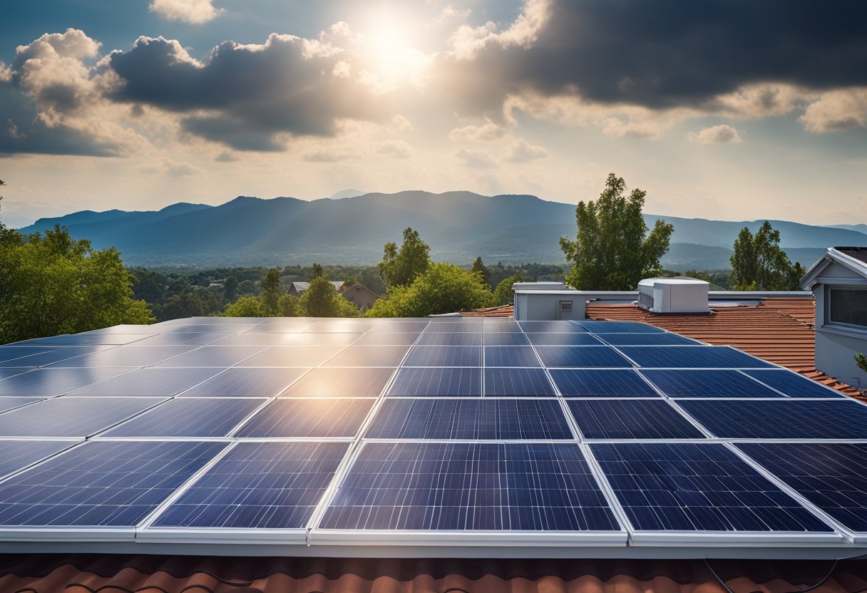 A solar panel array on a rooftop, with a mix of sun and clouds, powering a home with various appliances and devices