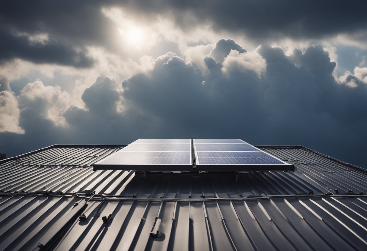 A solar panel on a rooftop, surrounded by clouds, with a meter showing energy production despite the overcast sky