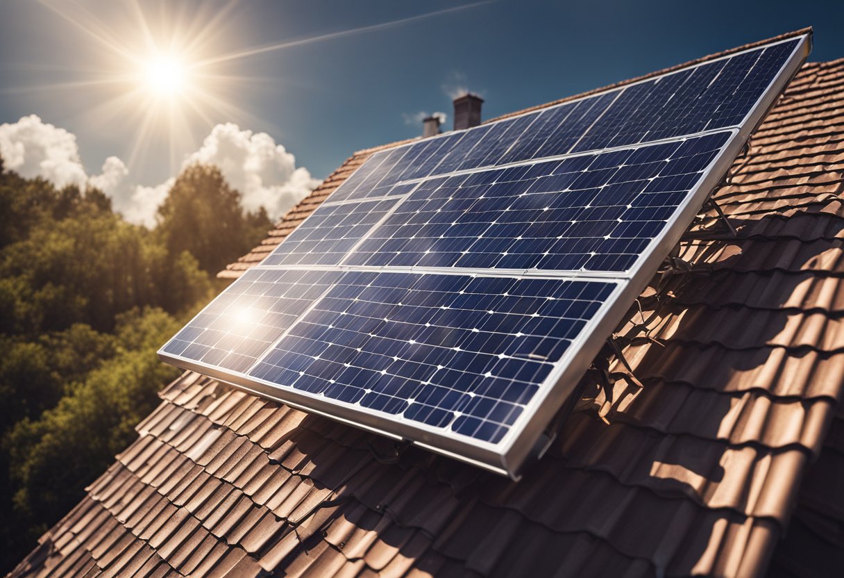 A solar panel sits atop a house, surrounded by clouds. A few rays of sunlight break through, casting a soft glow on the panel