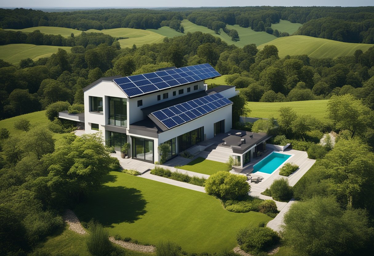 A large house with solar panels on the roof, surrounded by sunny skies and green landscape