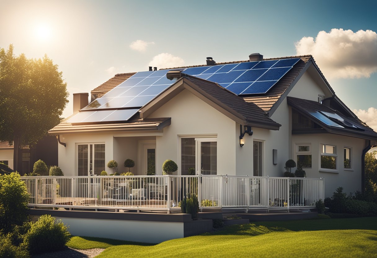 A suburban home with solar panels on the roof, connected to the electrical system, with a clear, sunny sky in the background