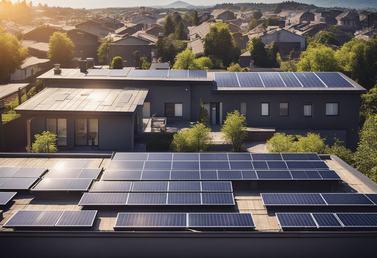 A sunny rooftop with solar panels connected to the electric grid, powering a whole house with energy