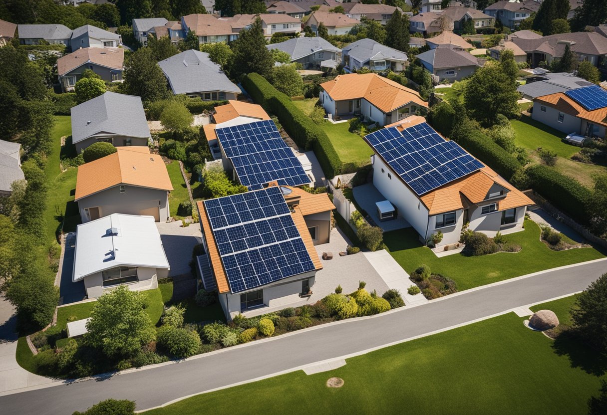 A sunny suburban home with solar panels on the roof, powering all the lights and appliances inside