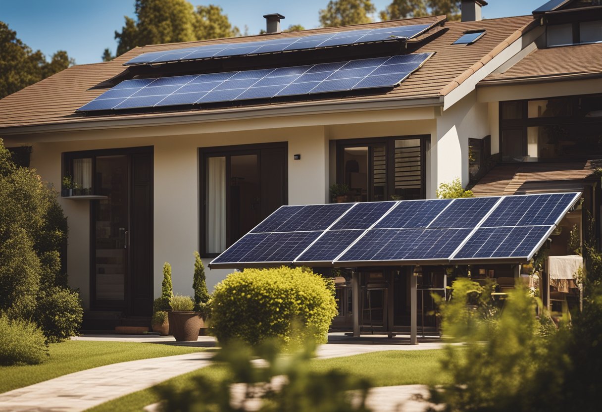 A sunny suburban home with solar panels covering the roof, connected to the electrical system