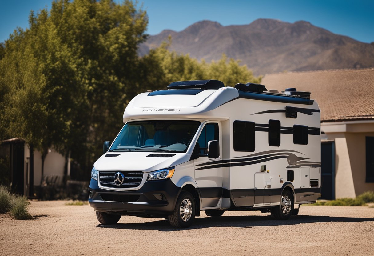 An RV parked in a sunny location with solar panels installed on the roof, connected to batteries and an inverter inside the vehicle