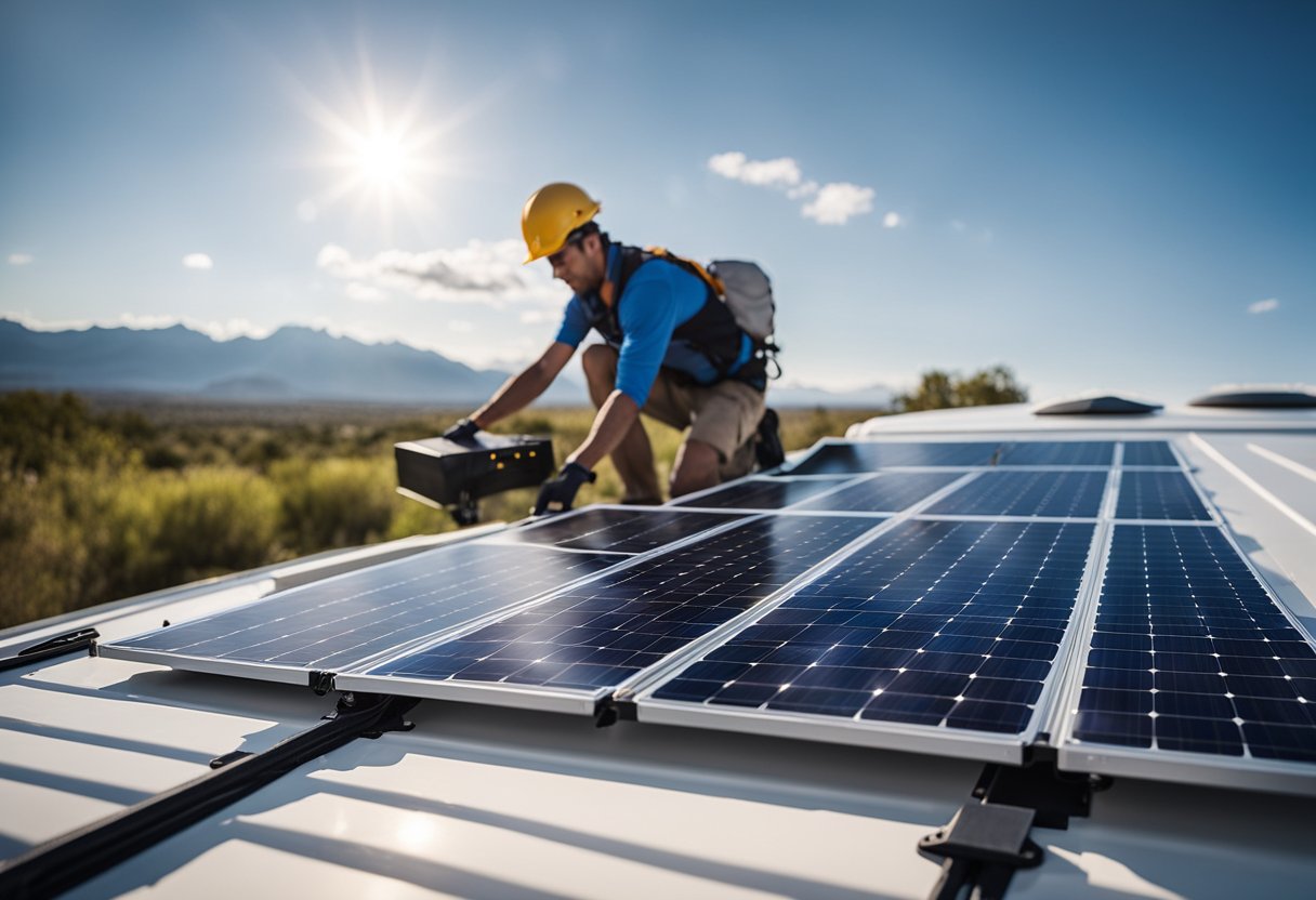 A person installing solar panels on the roof of an RV, connecting wires to a charge controller and battery bank inside the vehicle