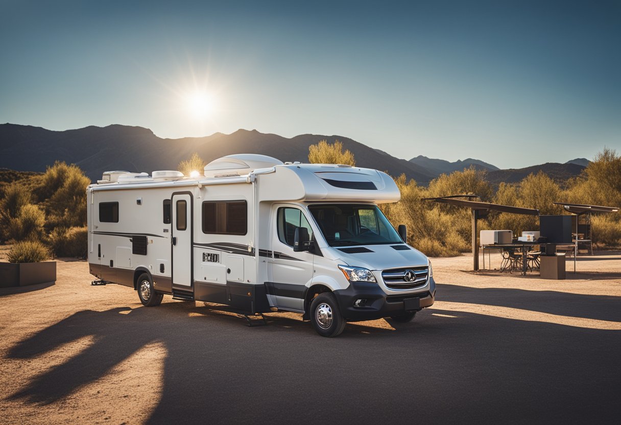 An RV parked in a sunny location with solar panels installed on the roof, connected to a battery bank and inverter inside the vehicle