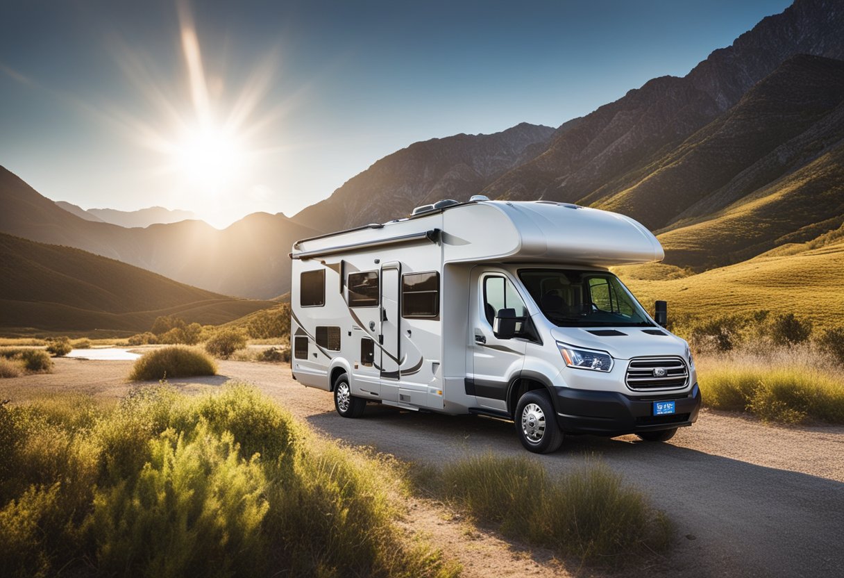 An RV parked in a sunny location with solar panels installed on the roof, connected to a battery and electrical system inside the vehicle