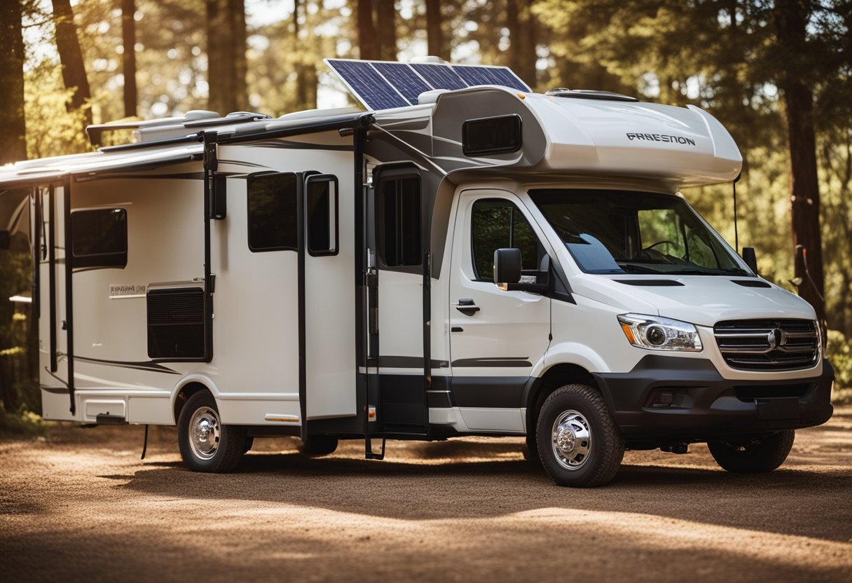 An RV parked in a sunny campsite, with solar panels mounted on the roof and connected to a power inverter inside the vehicle