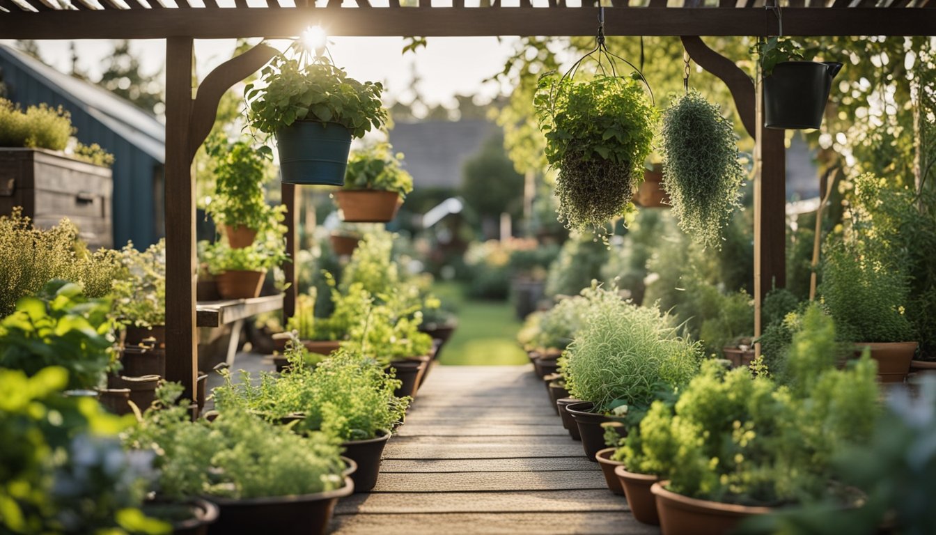 A wide, level path from cottage to garden beds, bordered by container herbs. Vintage drying rack, vertical gardening, smart irrigation, and potting station nearby