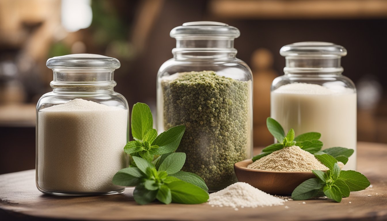 Glass jars of stevia and alternative flours sit near a vintage scale. Fresh baked goods and a live stevia plant add authenticity to the healthy baking scene