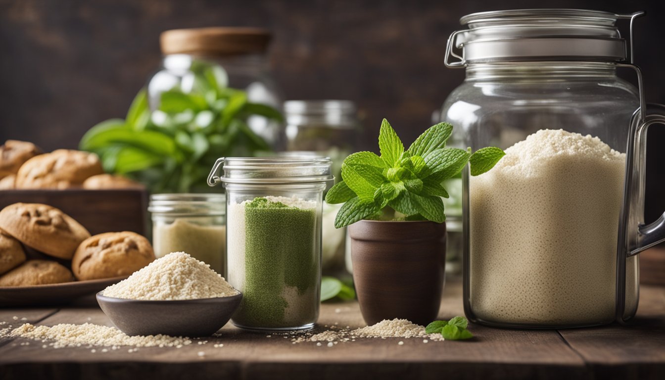 Glass jars of stevia and alternative flours sit by vintage scale, baked goods cooling on rack, live stevia plant, open recipe book with conversion charts