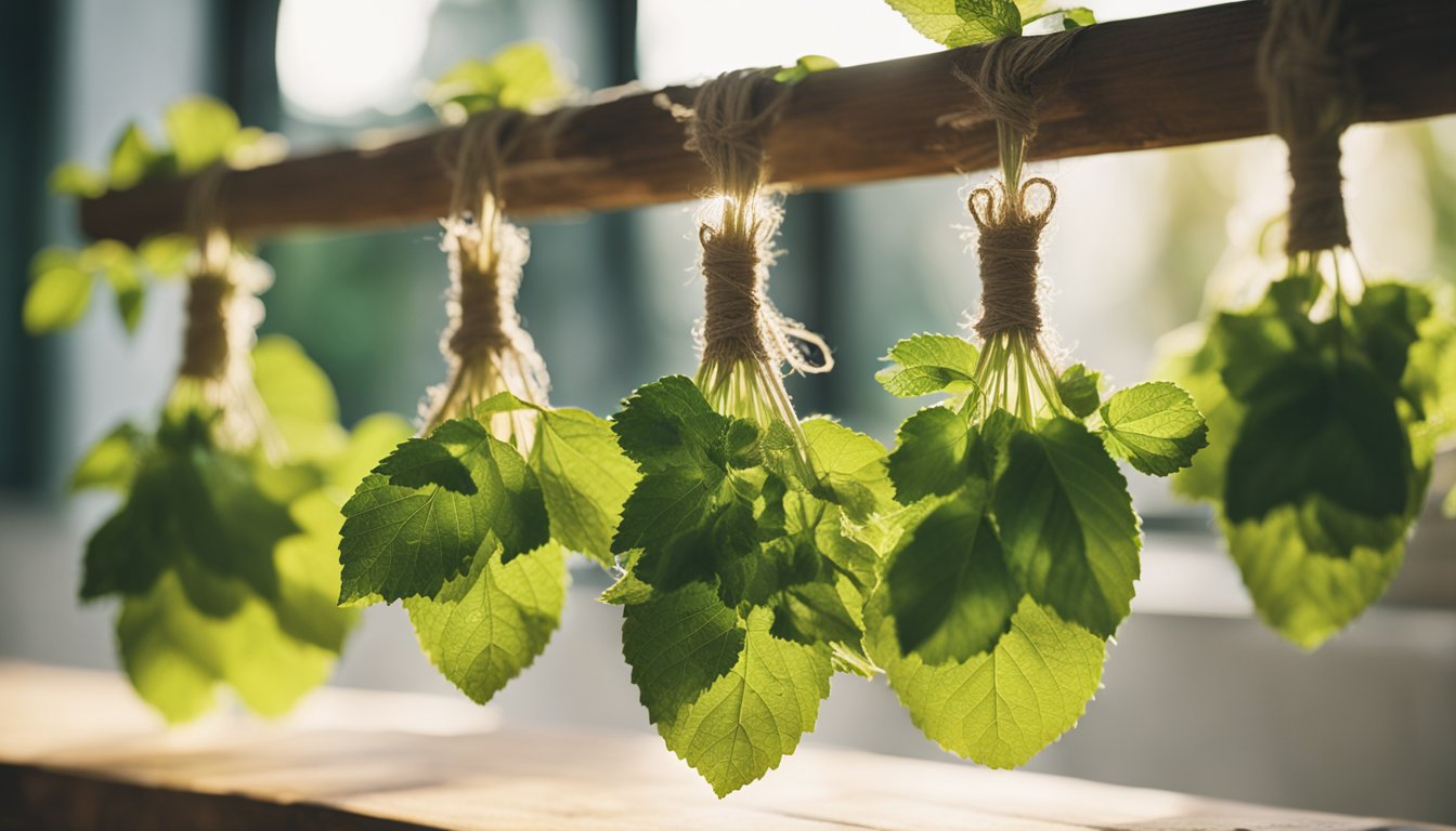 Fresh lemon balm bundles hang on wooden rack in sunlight, varying drying stages highlighted. Twine suspends at different heights, vintage hygrometer present, dried leaves scatter on table