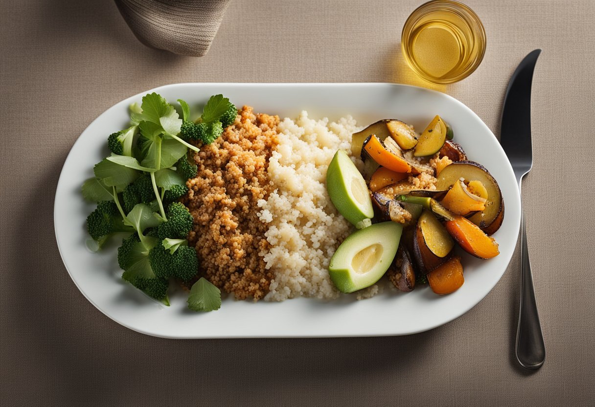 Uma refeição completa com quinoa, frango desfiado e legumes assados