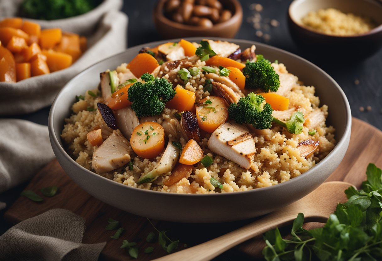 Uma refeição completa com quinoa, frango desfiado e legumes assados