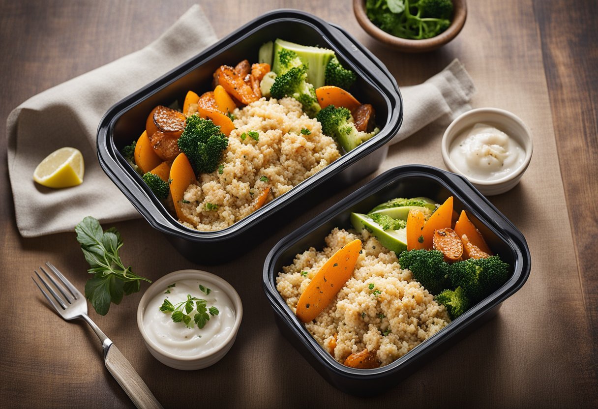Uma refeição completa com quinoa, frango desfiado e vegetais assados