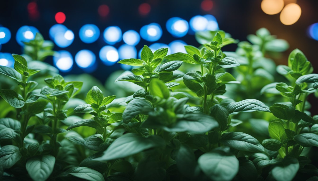 Lush basil under blue LED, compact foliage. Oregano under red LED, visible buds. Scientific comparison with digital light meters