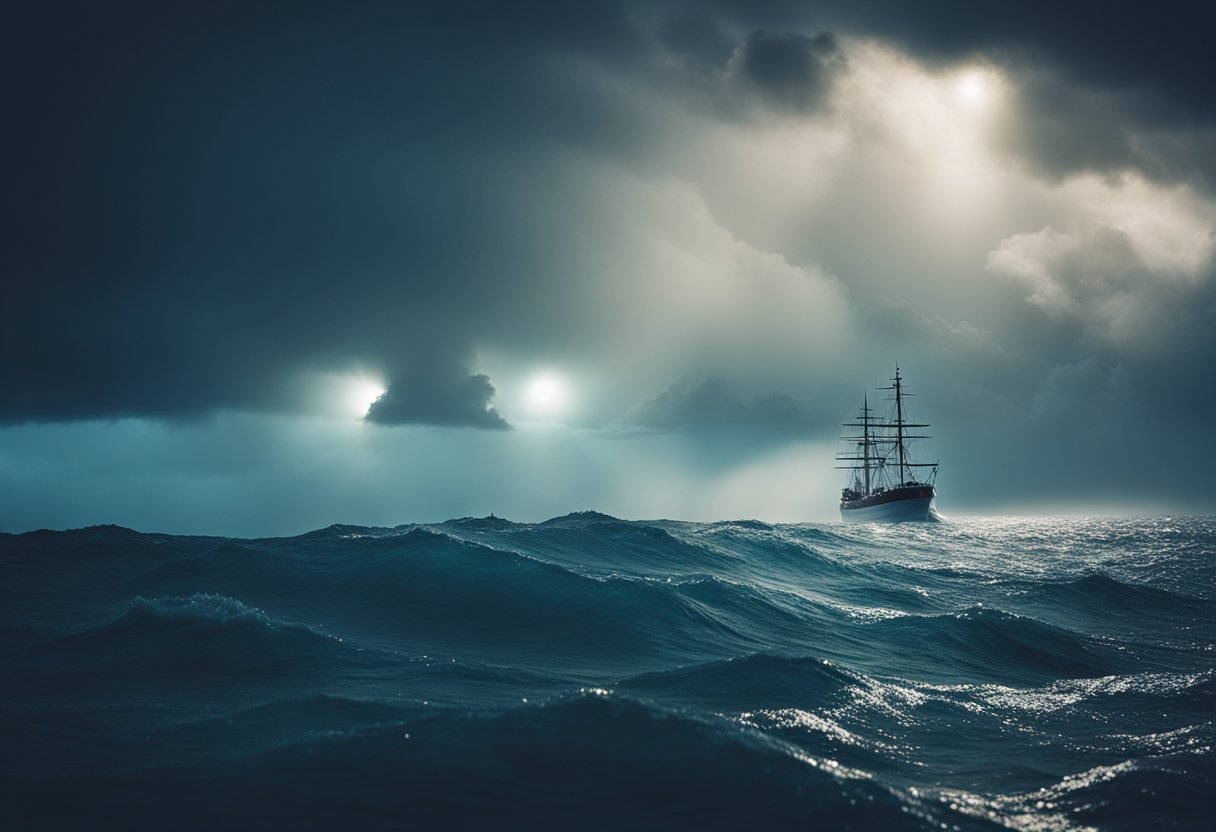 Um oceano tempestuoso com um navio desaparecendo na névoa perto do Triângulo das Bermudas, cercado por luzes misteriosas e nuvens giratórias.