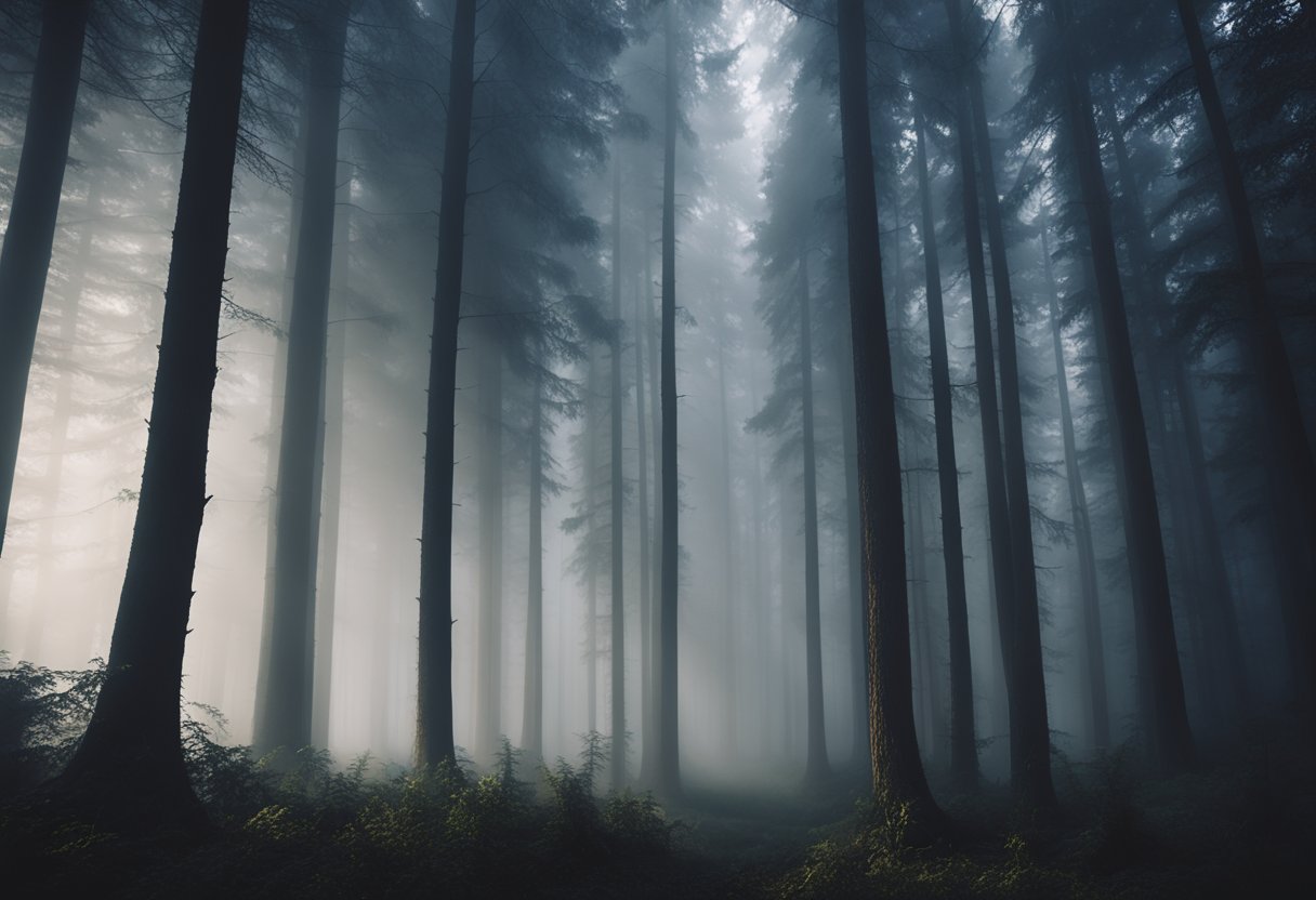 Uma floresta escura e sombria com árvores imponentes e névoa densa, criando uma atmosfera de mistério e suspense.