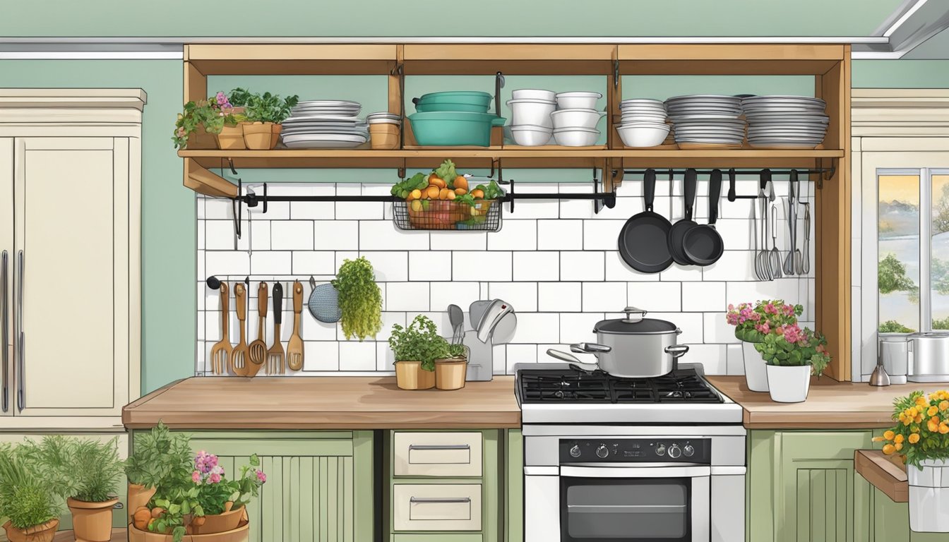 Various shelves, hooks, and hanging baskets are utilized to maximize vertical storage on a small kitchen counter