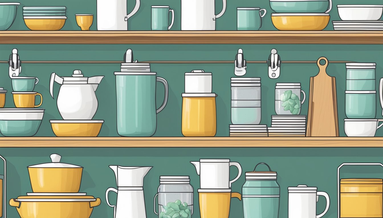 A neatly arranged kitchen counter with labeled storage containers, stackable shelves, and hanging hooks for utensils and mugs