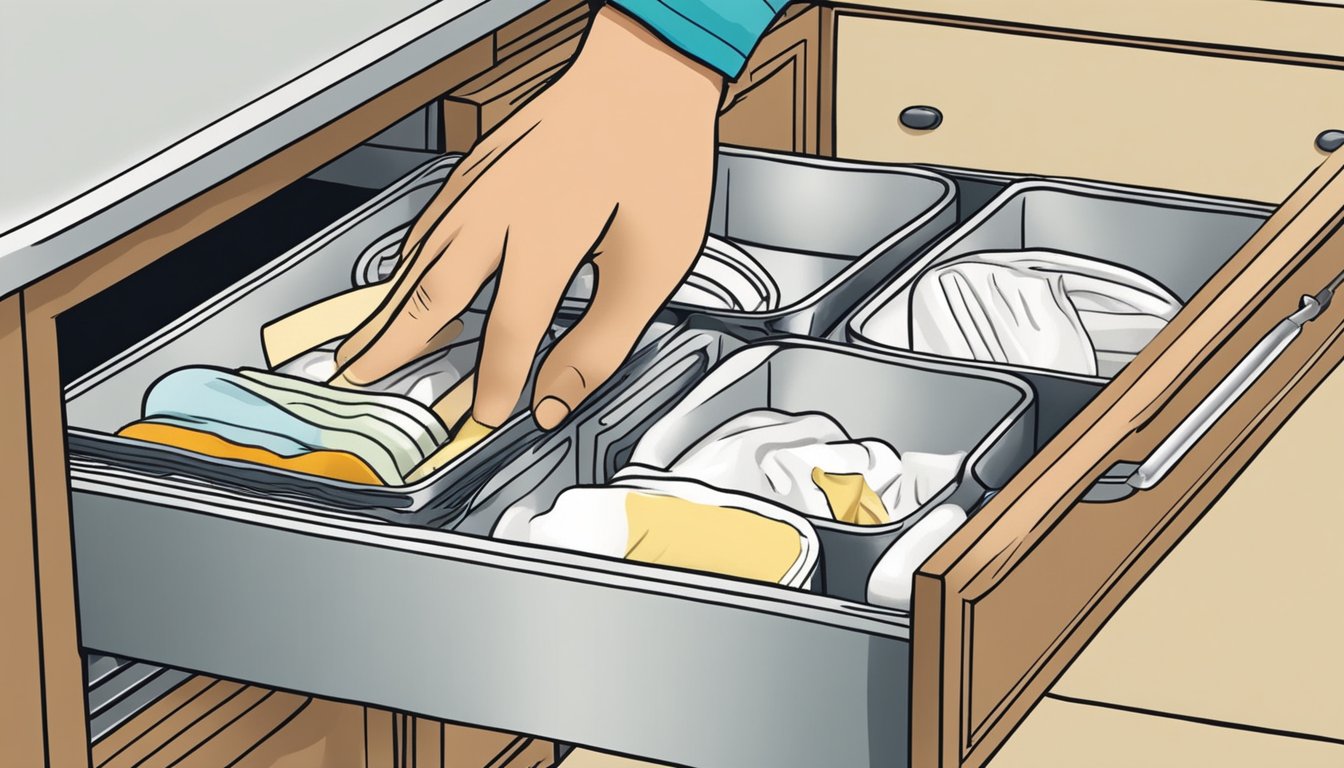 A hand reaching into a kitchen drawer, pulling out dividers and wiping them clean with a damp cloth