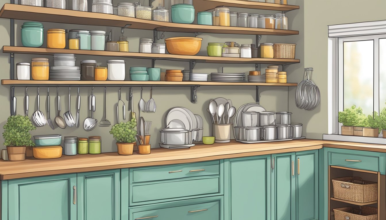 A small kitchen counter with neatly arranged baskets, hooks, and shelves holding various utensils and containers for efficient organization