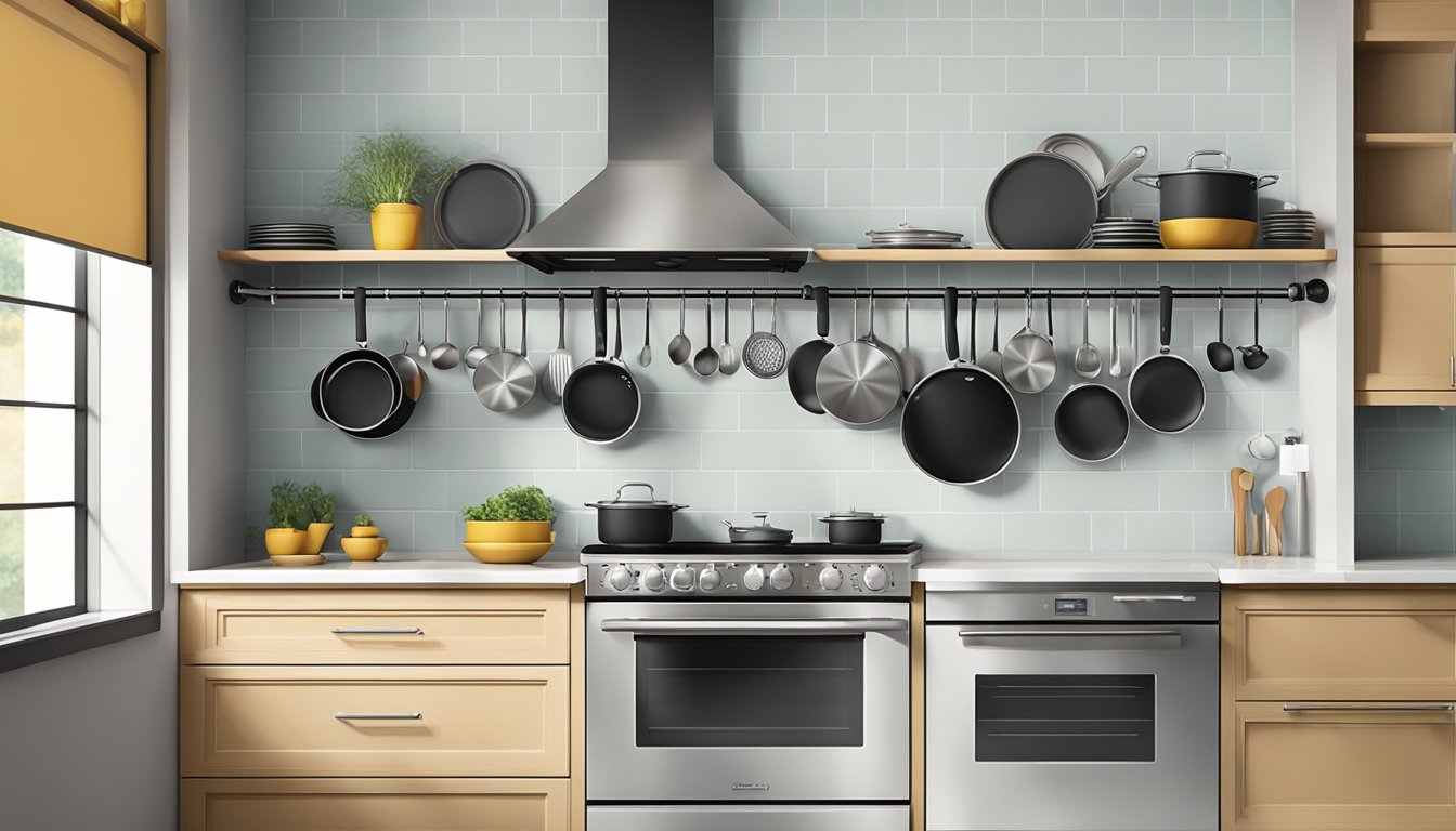 Pots and pans hanging neatly on a wall-mounted rack above a spacious kitchen island