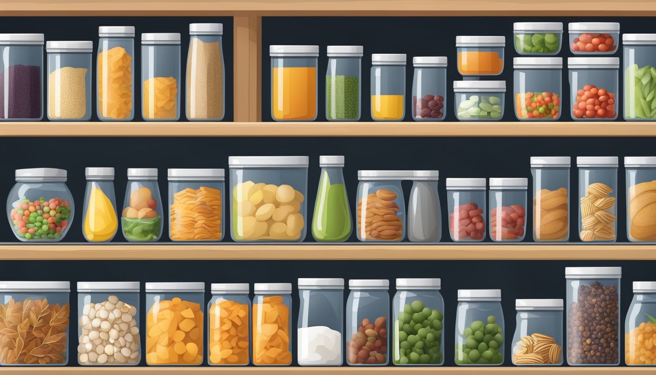 A neatly organized pantry shelf with a variety of food storage containers in different sizes and shapes, showcasing their design and functionality