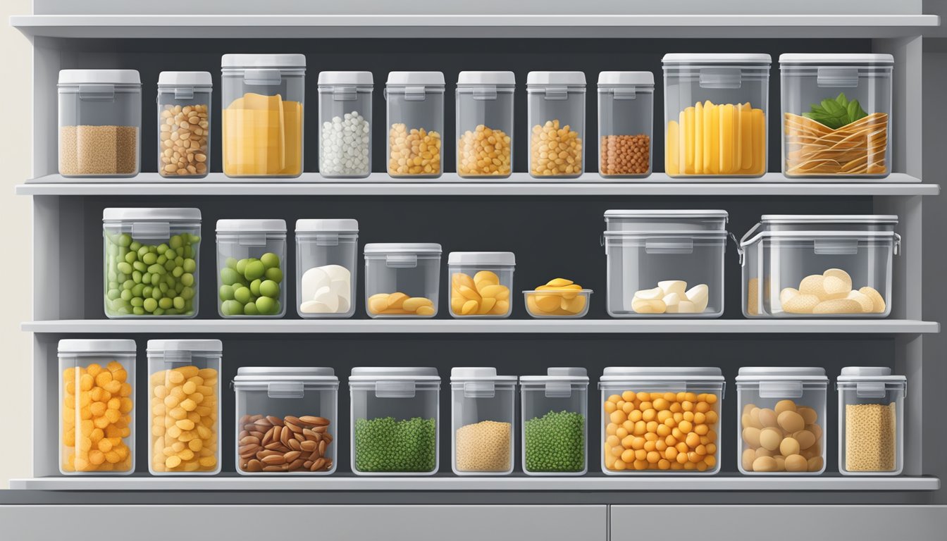 A well-organized pantry shelf with neatly stacked food storage containers of different sizes and shapes, each labeled for specific use cases