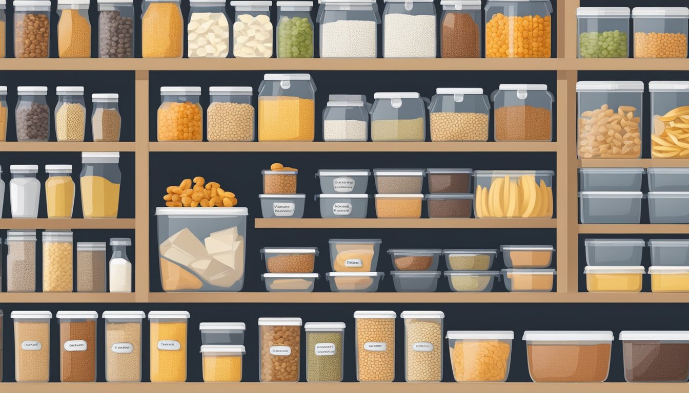 A well-organized pantry with labeled, stackable food storage containers in various sizes, filled with grains, pasta, and snacks