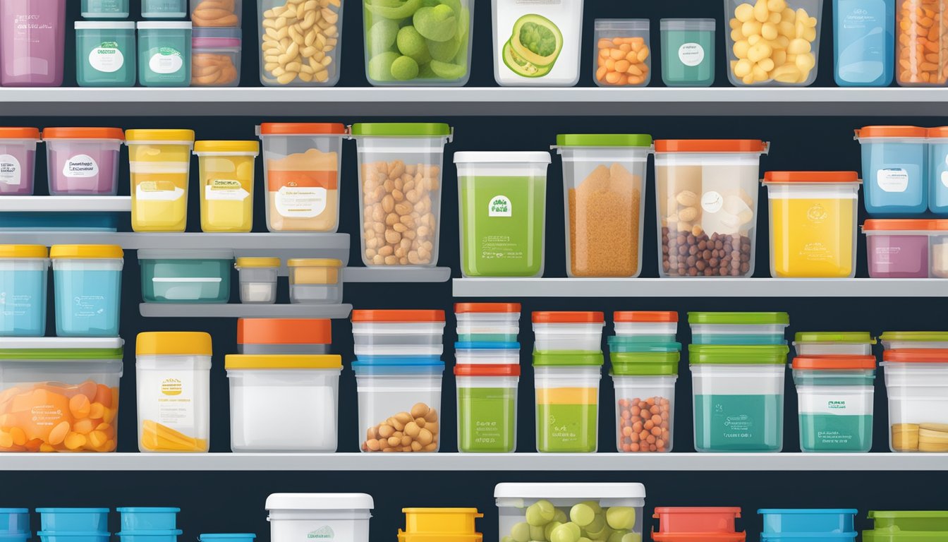 A shelf filled with various food storage containers, each labeled with safety and testing standards certifications