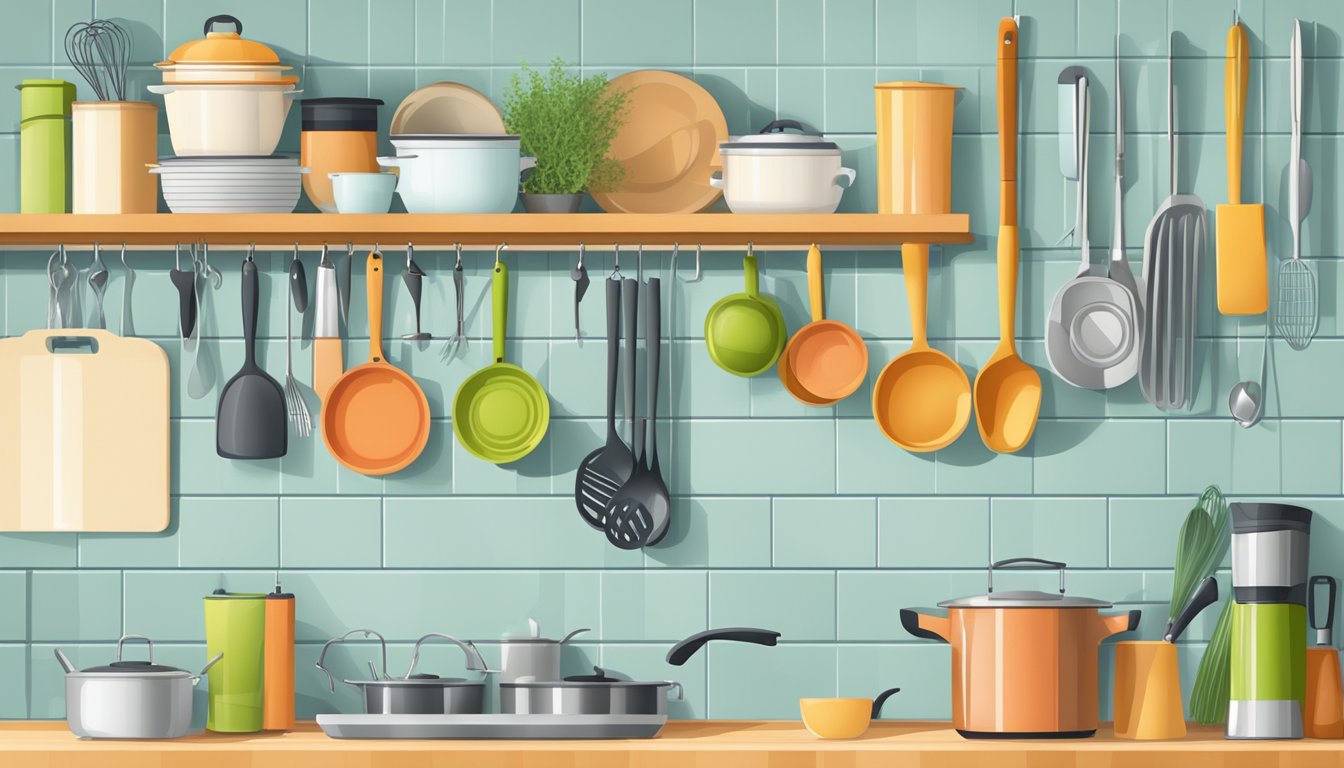 A neatly organized countertop with various kitchen utensils hanging from hooks on the wall above