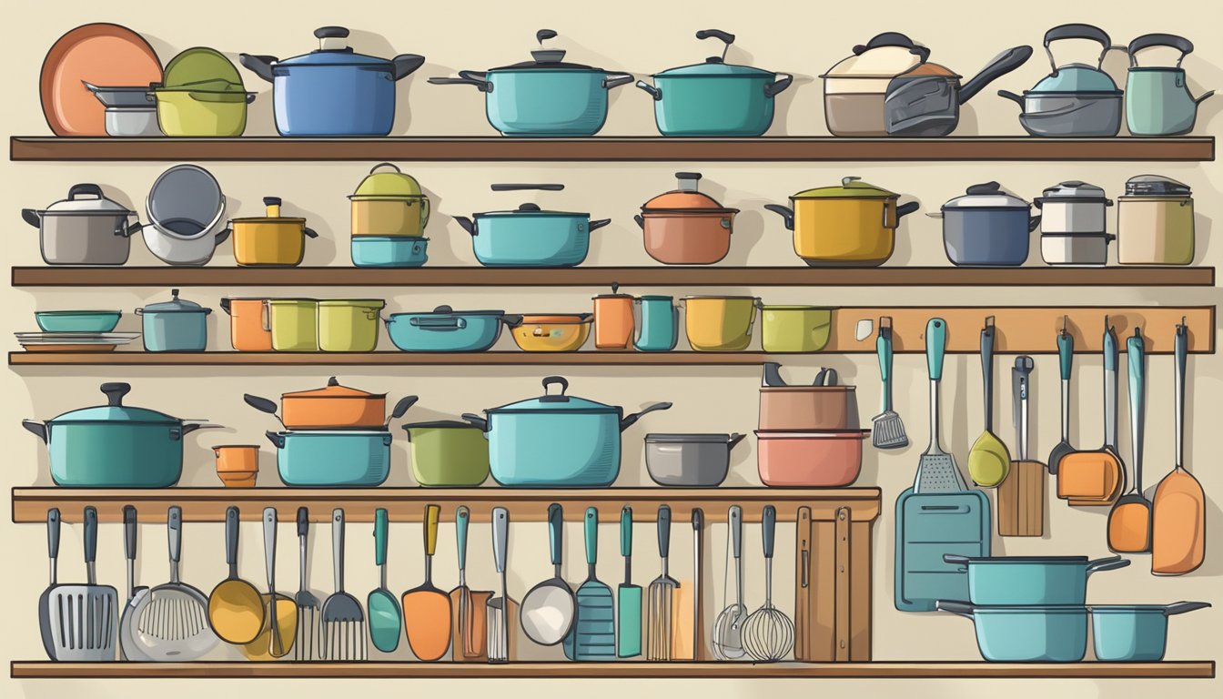 Various kitchen utensils neatly arranged in labeled categories on shelves and hooks