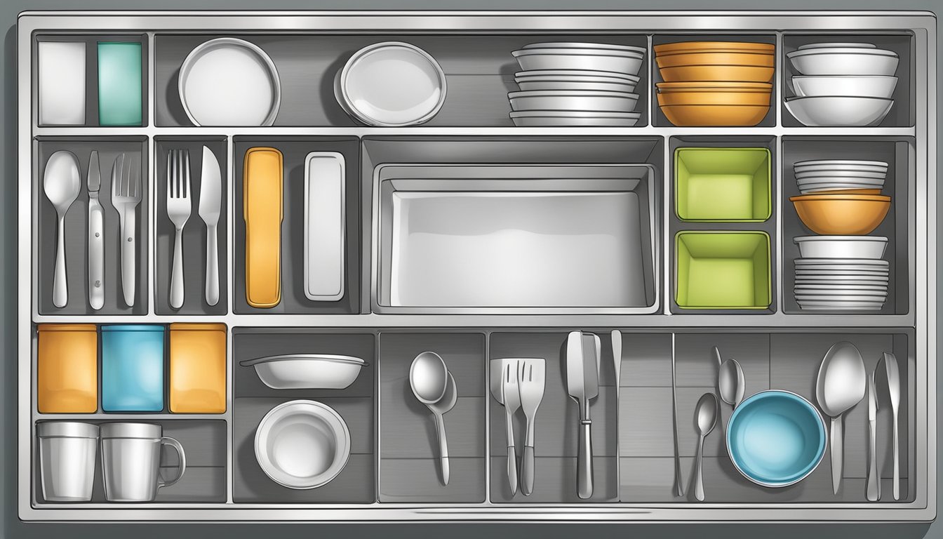 A kitchen drawer neatly arranged with various utensils, each in its designated slot, with labels or dividers for easy identification and access