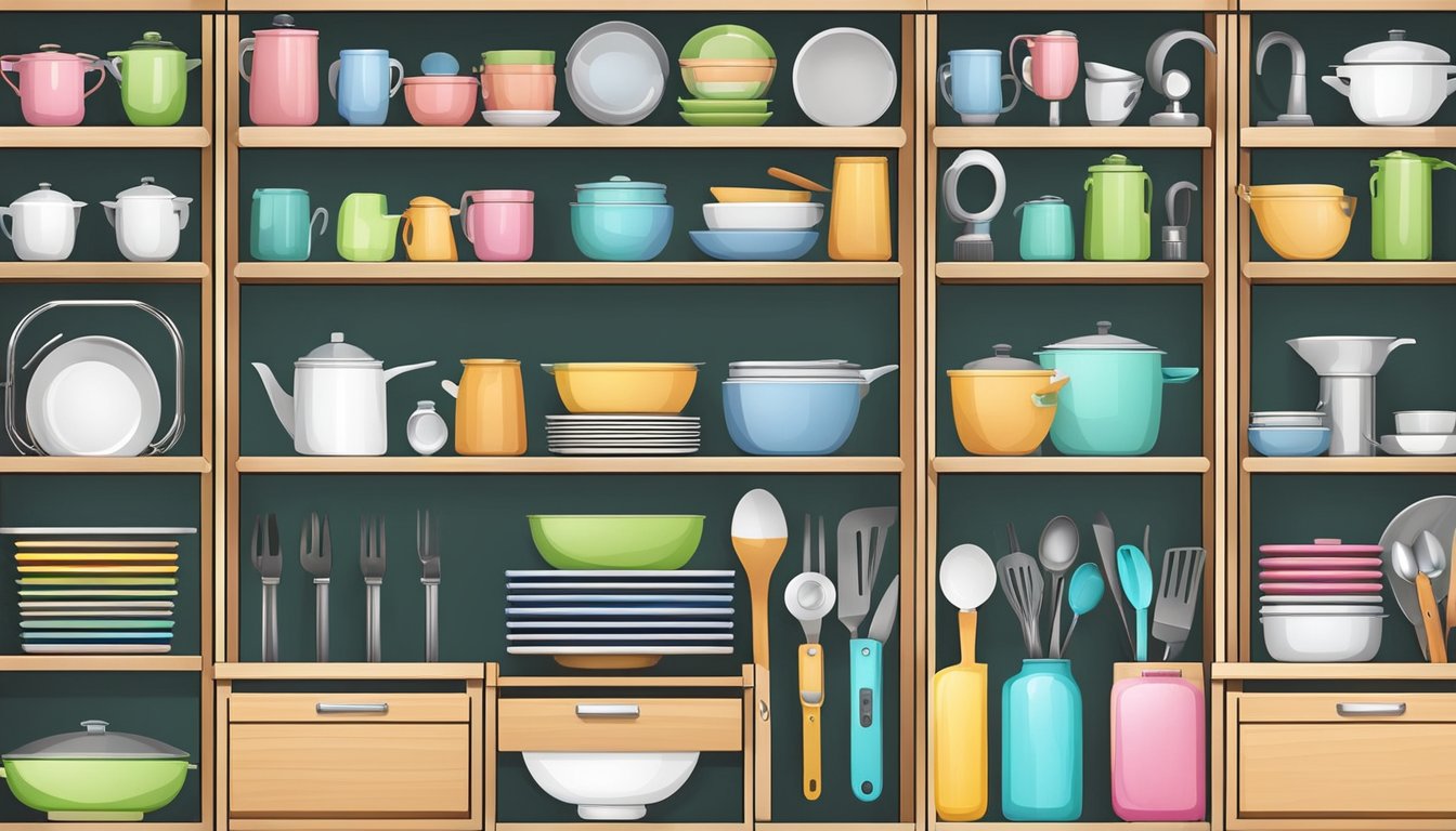 Various kitchen utensils neatly organized in drawers and on shelves, with additional storage options such as hanging hooks and magnetic strips