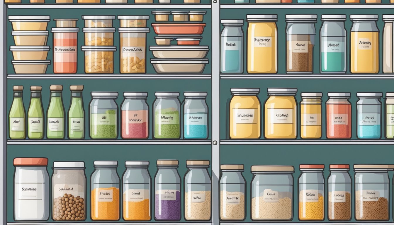 A neatly organized pantry with labeled containers, baskets, and shelves for different food items