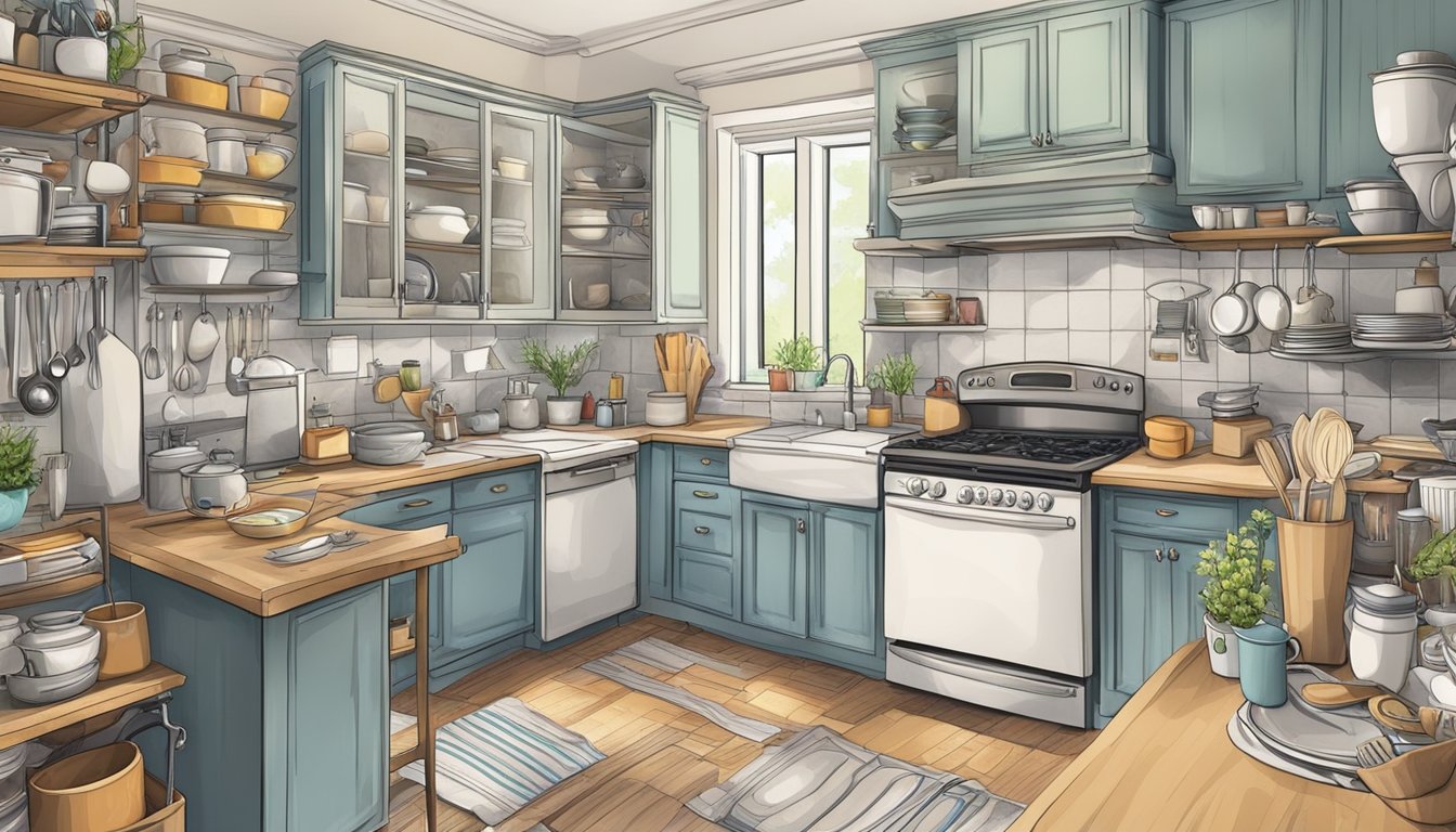 A cluttered kitchen with overflowing cabinets and countertops, filled with dishes, utensils, and appliances. A sense of chaos and disorganization