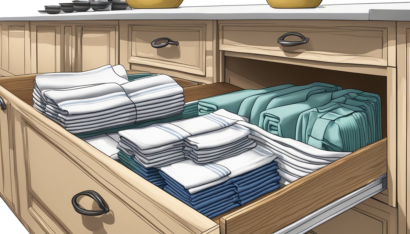 A neatly folded stack of dish towels, pot holders, and aprons arranged in a kitchen drawer